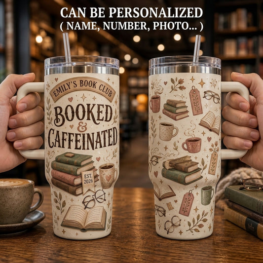 Personalized Booked & Caffeinated 40oz Tumbler with Handle - Custom Book Club Gift for Readers