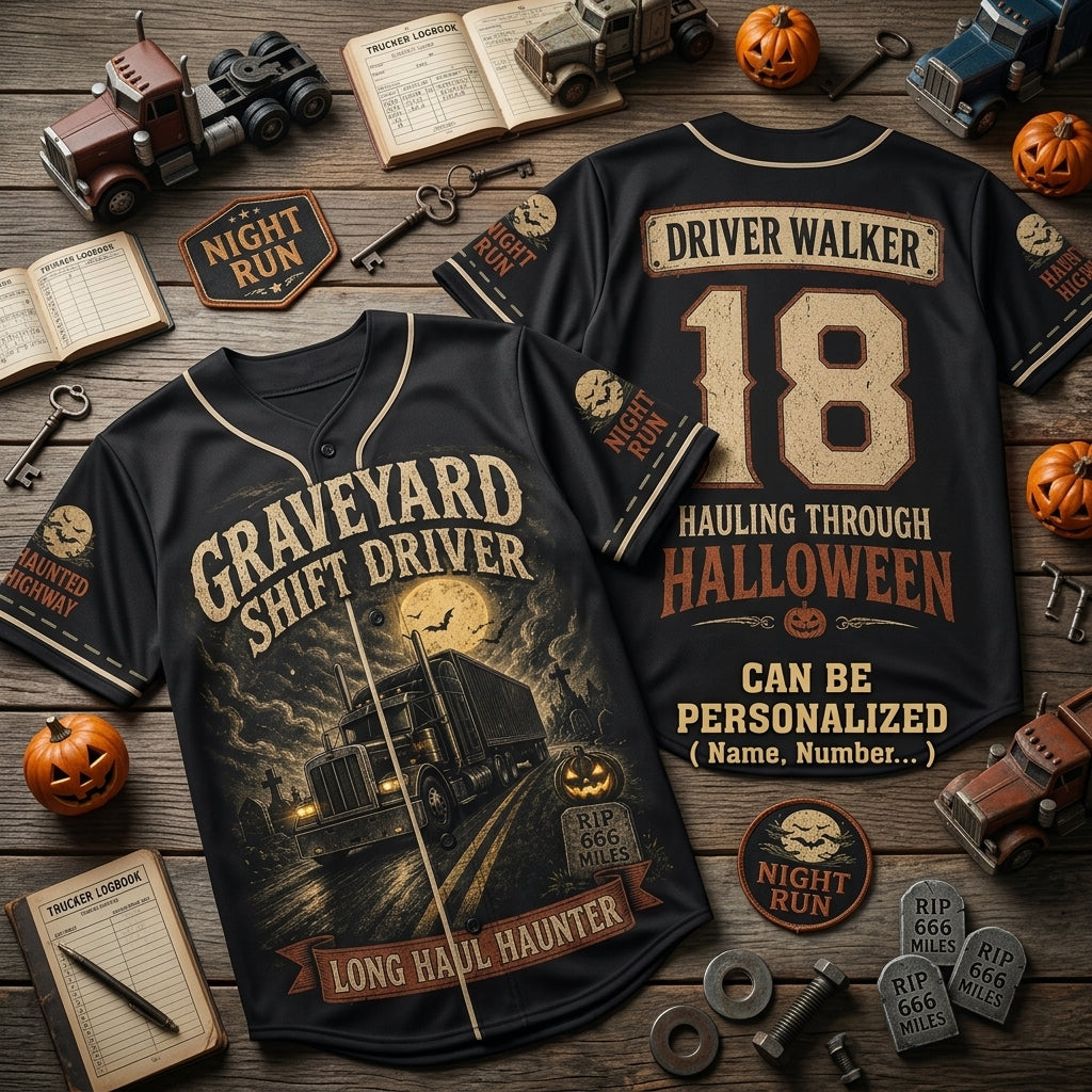 Personalized Graveyard Shift Driver Halloween Baseball Jersey - Custom Name & Number Trucker Gift