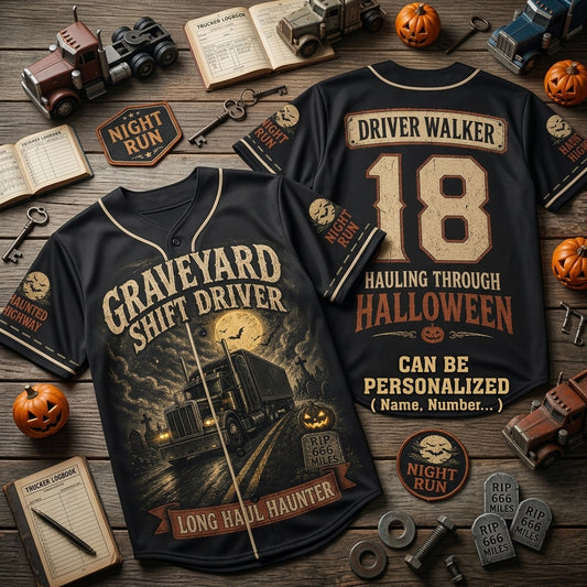 Personalized Graveyard Shift Driver Halloween Baseball Jersey - Custom Name & Number Trucker Gift