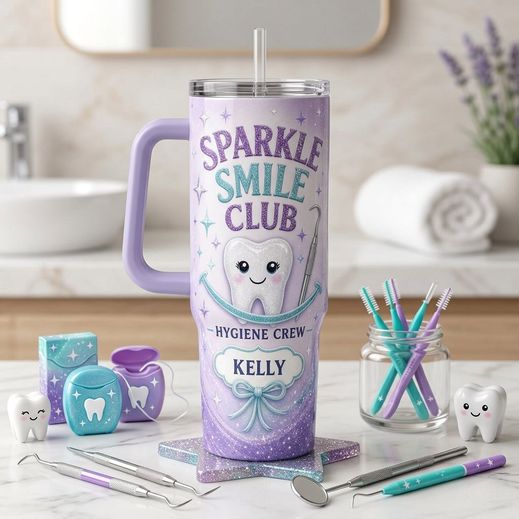Personalized Sparkle Smile Club 40oz Tumbler with Handle - Custom Name Gift for Dental Hygiene Crew