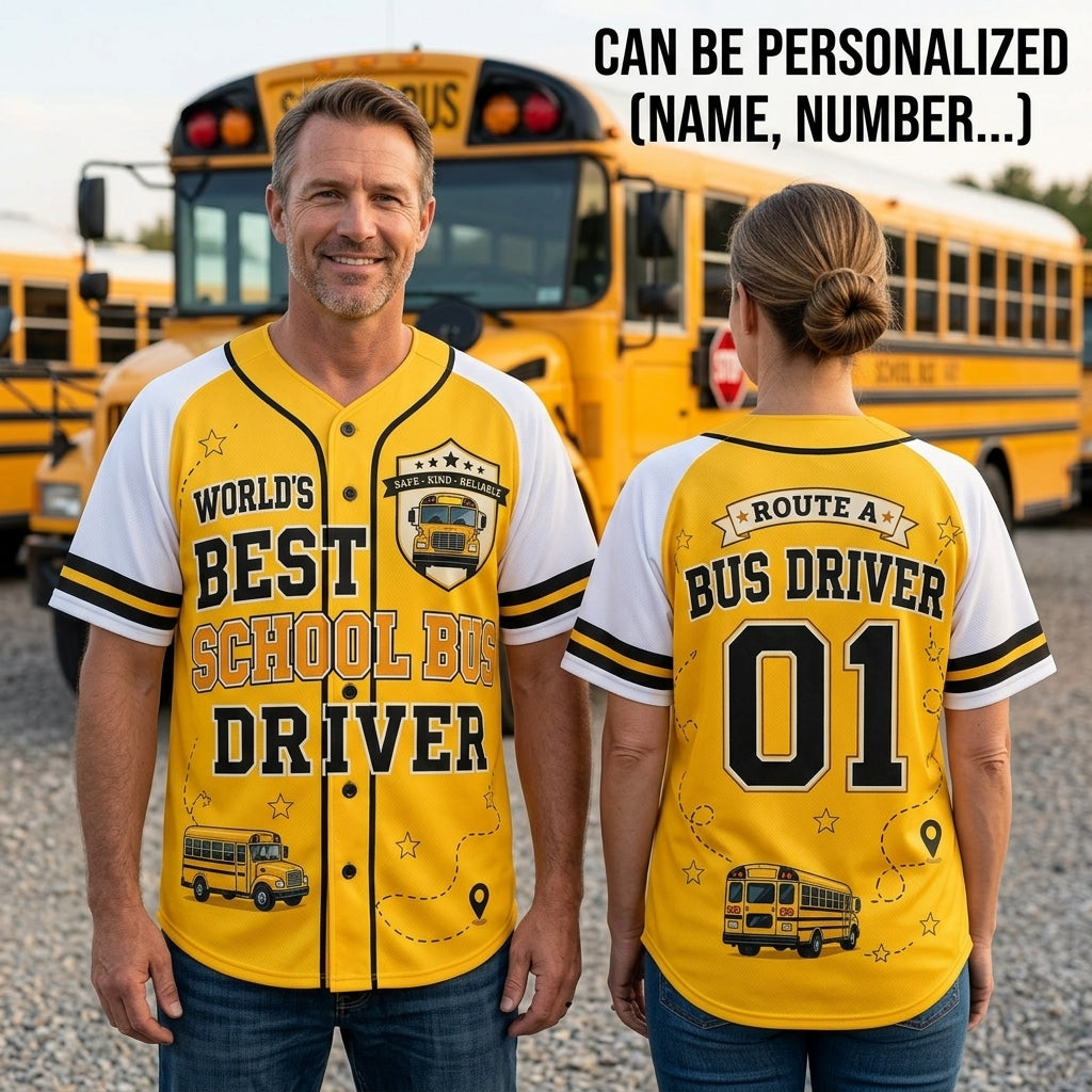 Personalized World's Best School Bus Driver Baseball Jersey - Custom Route Name and Number Athletic Shirt