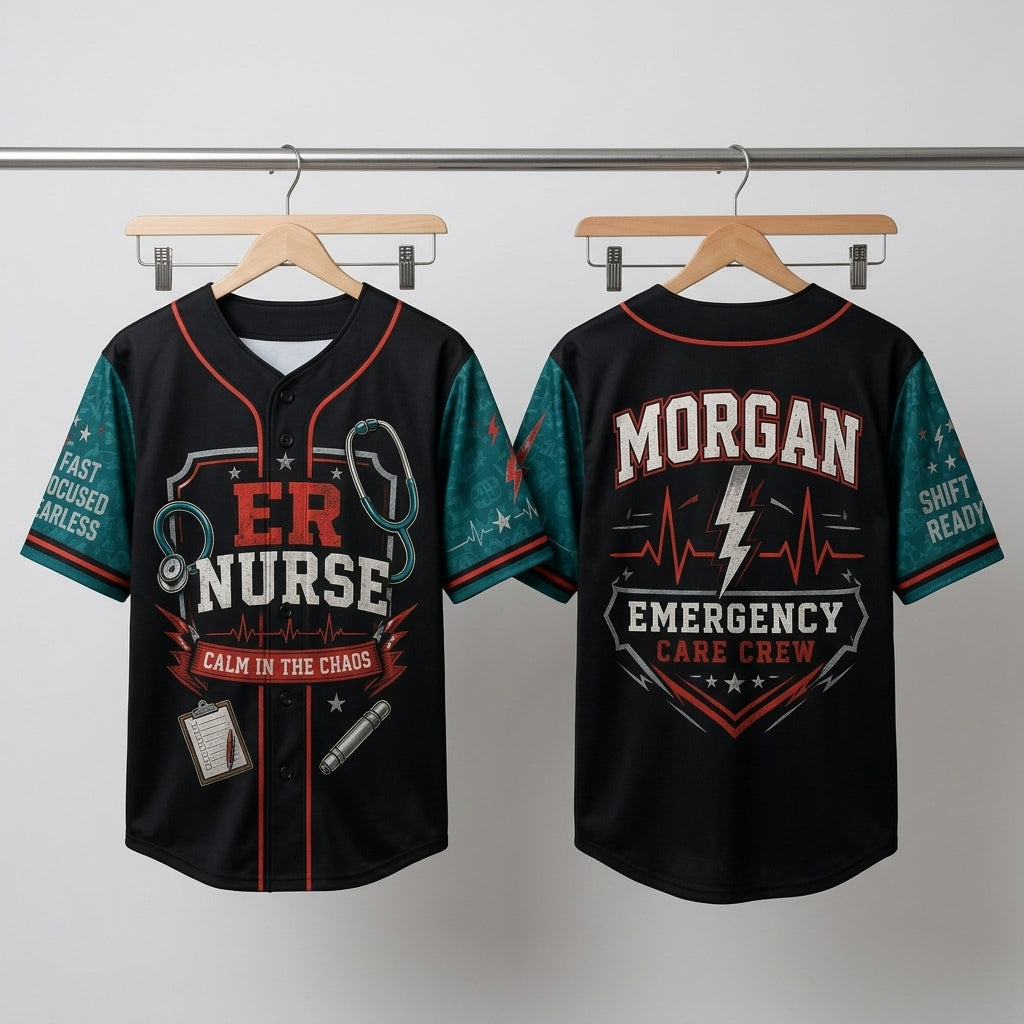 Personalized ER Nurse Emergency Care Crew Baseball Jersey - Custom Name Gift for Nursing Heroes