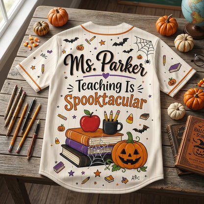 Personalized Spooky Teacher Crew Baseball Jersey - Custom Name Halloween Teaching Is Spooktacular
