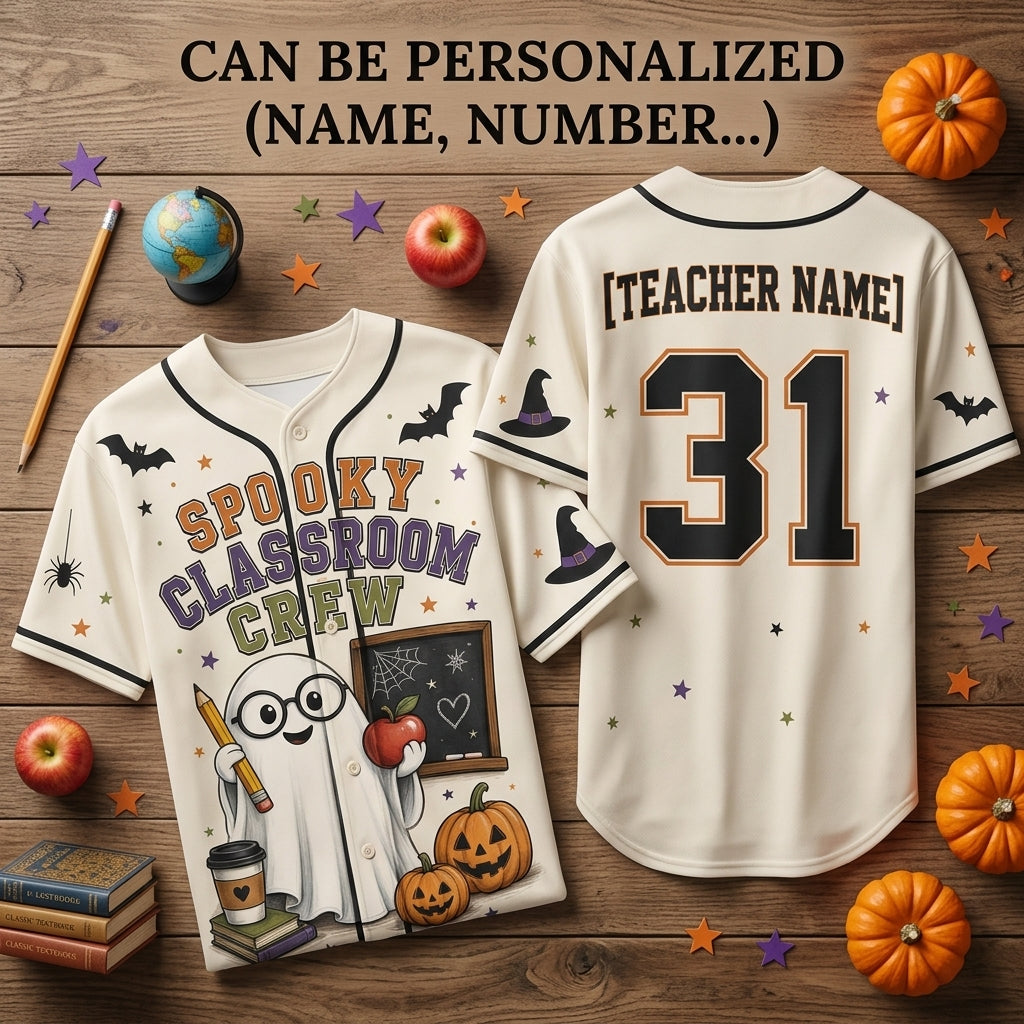 Personalized Spooky Classroom Crew Teacher Halloween Baseball Jersey - Custom Name Ghost Print Shirt