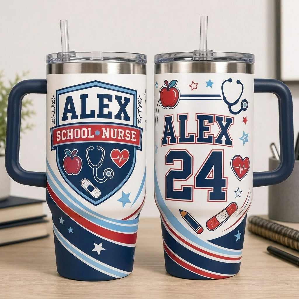 Personalized School Nurse 40oz Tumbler with Handle - Custom Name and Year Gift