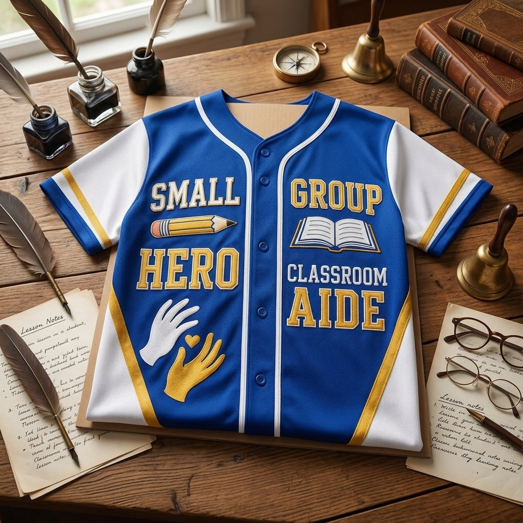 Personalized Small Group Hero Classroom Aide Baseball Jersey - Custom Teacher Appreciation Apparel