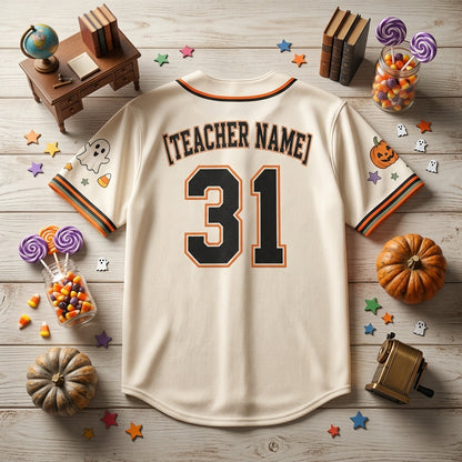 Personalized Trick or Teach Halloween Baseball Jersey - Custom Name Teacher Gift Shirt