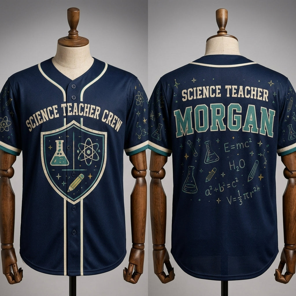 Personalized Science Teacher Crew Baseball Jersey - Custom Name STEM Educator Apparel