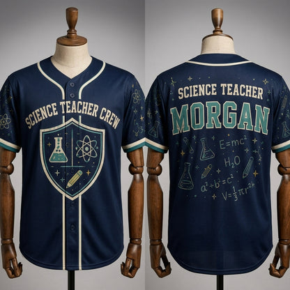 Personalized Science Teacher Crew Baseball Jersey - Custom Name STEM Educator Apparel