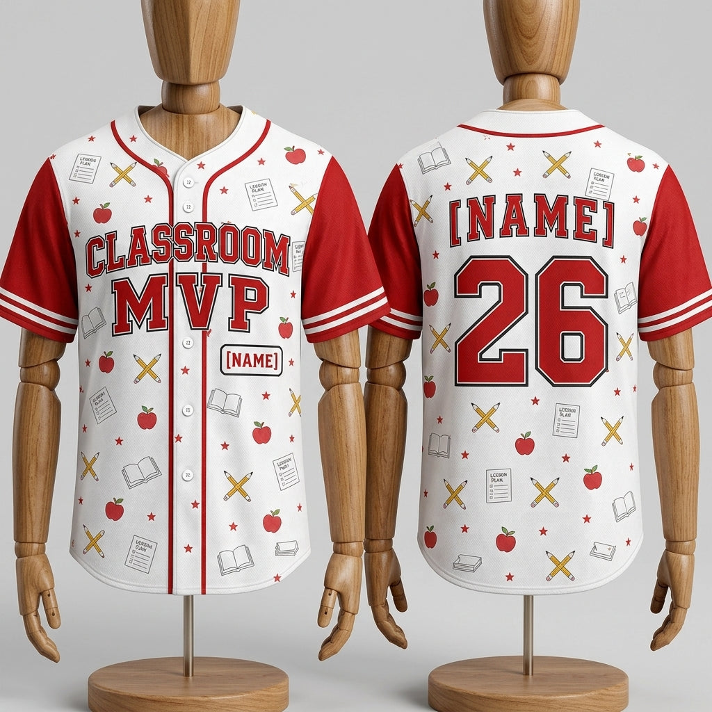 Personalized Classroom MVP Teacher Baseball Jersey - Custom Name and Number School Spirit Shirt