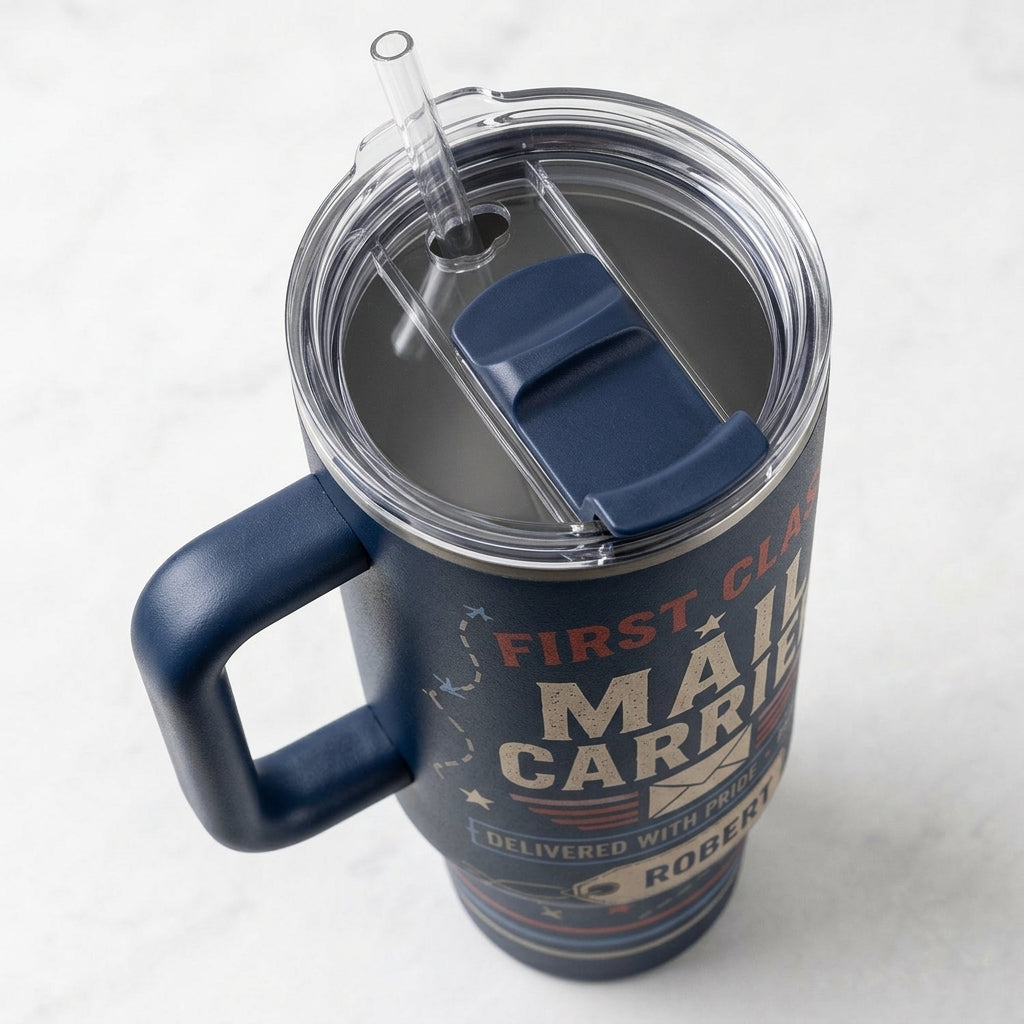 Personalized First Class Mail Carrier 40oz Tumbler with Handle - Custom Name Postal Worker Gift