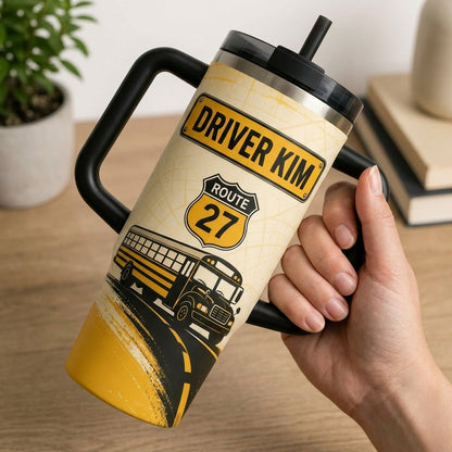 Personalized School Bus Driver 40oz Tumbler with Handle - Custom Name & Route Safe Rides Crew Gift
