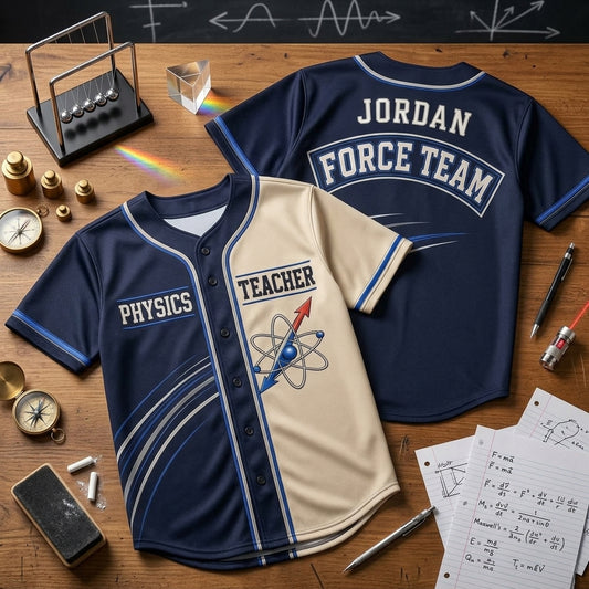 Personalized Physics Teacher Baseball Jersey - Custom Name & Force Team Science Graphic Sport Shirt
