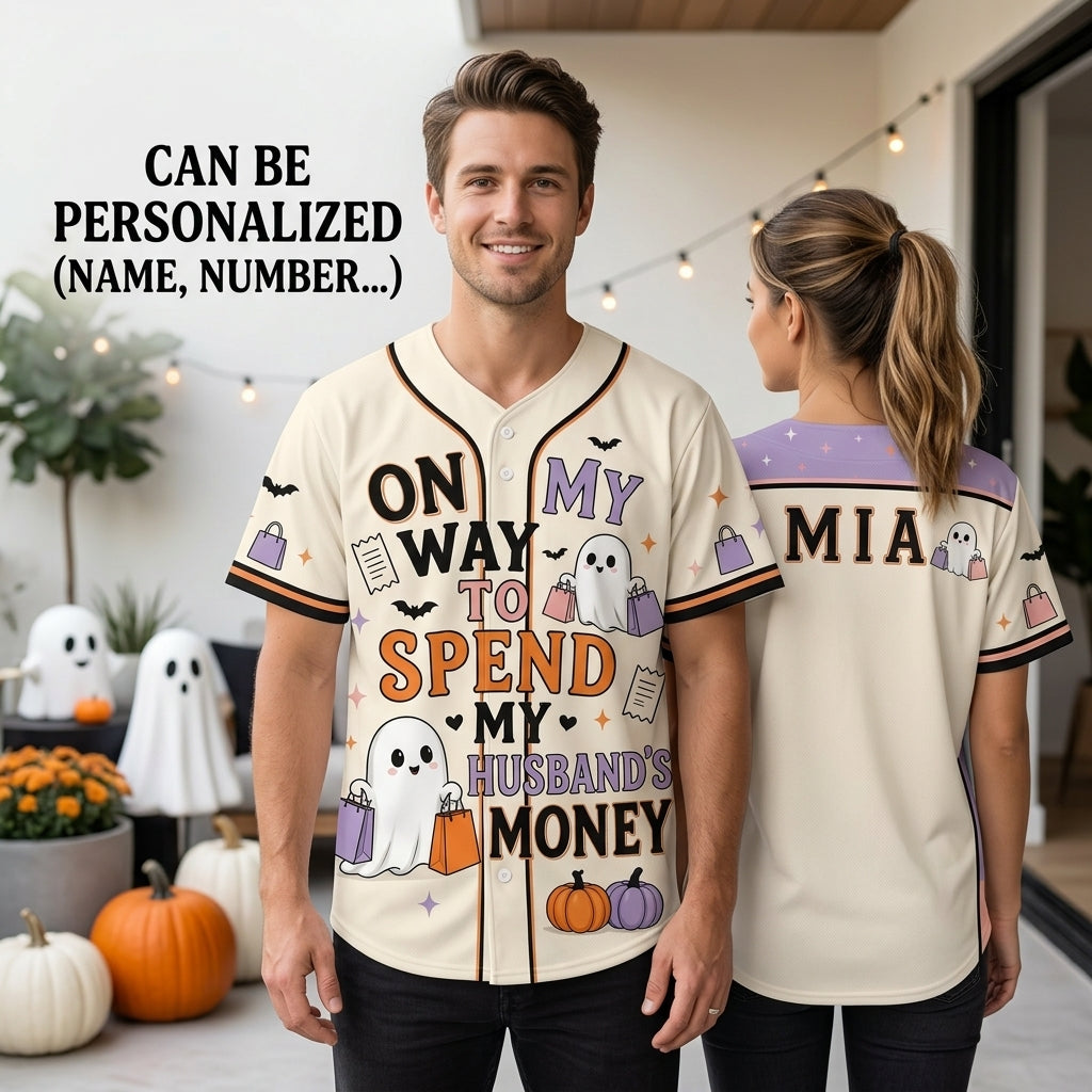 Personalized Funny Halloween Baseball Jersey - Custom Name Ghost Shopping Graphic Shirt