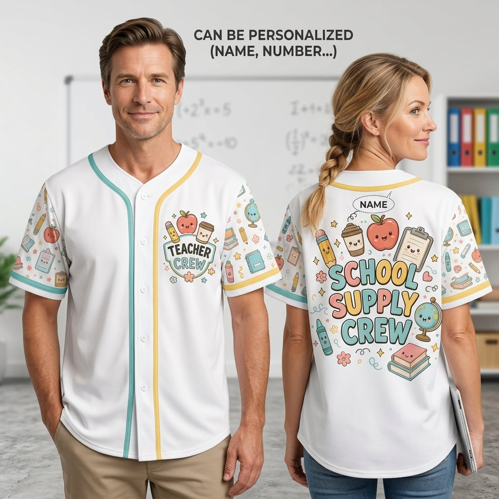 Personalized School Supply Crew Baseball Jersey - Cute Kawaii Teacher Appreciation Gift - Custom Back to School Apparel