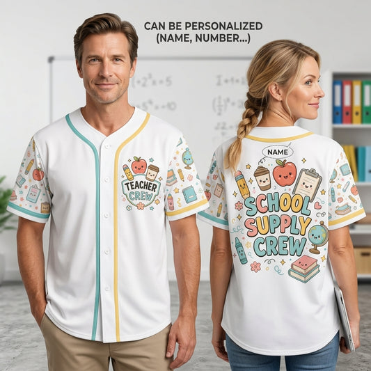 Personalized School Supply Crew Baseball Jersey - Cute Kawaii Teacher Appreciation Gift - Custom Back to School Apparel