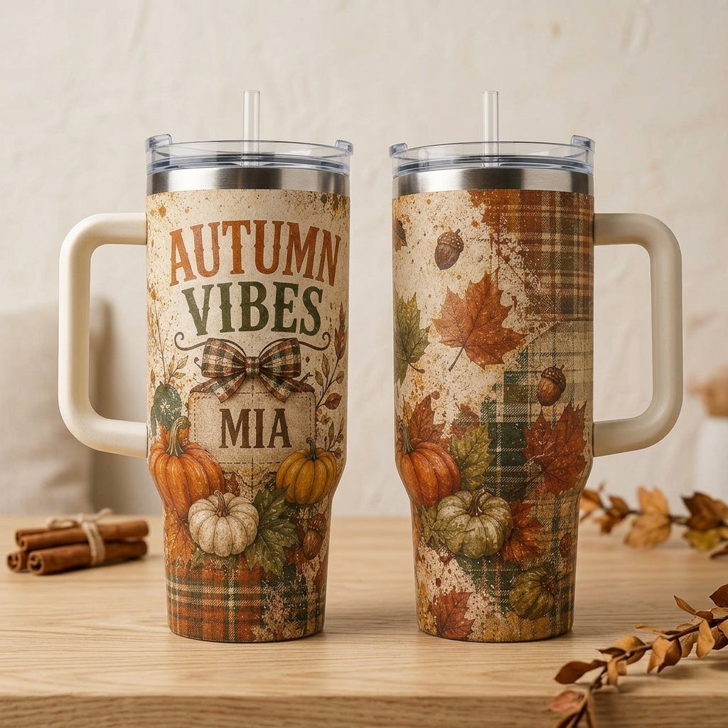 Personalized Autumn Vibes 40oz Tumbler with Handle, Custom Name Fall Harvest Pumpkins Travel Mug
