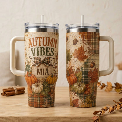Personalized Autumn Vibes 40oz Tumbler with Handle, Custom Name Fall Harvest Pumpkins Travel Mug
