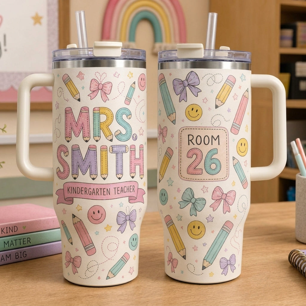 Personalized Teacher 40oz Tumbler with Handle - Custom Name & Grade School Doodle Gift