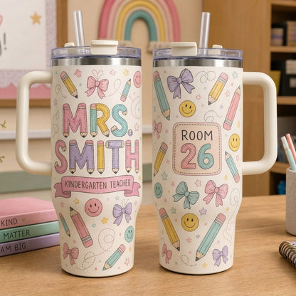 Personalized Teacher 40oz Tumbler with Handle - Custom Name & Grade School Doodle Gift