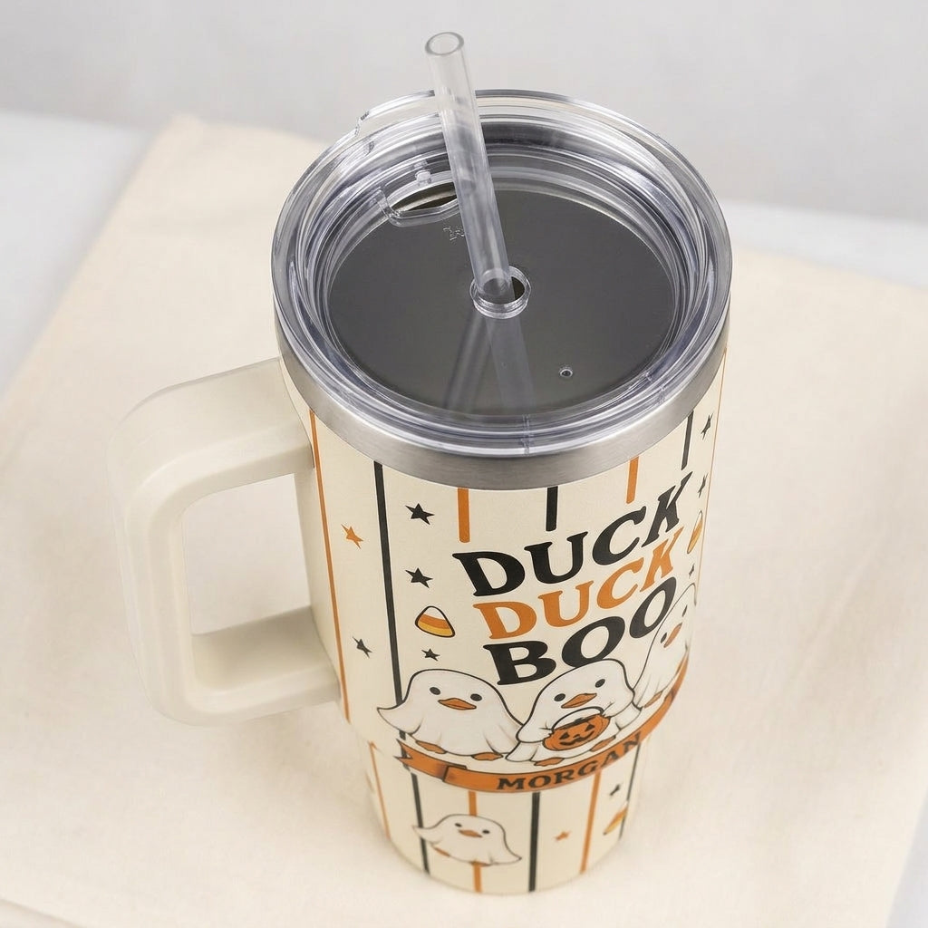 Personalized Duck Duck Boo 40oz Tumbler with Handle - Custom Halloween Ghost Ducks Travel Mug