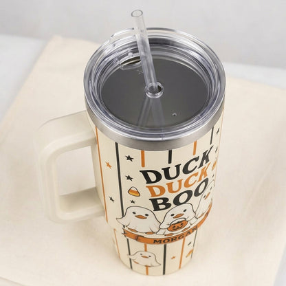 Personalized Duck Duck Boo 40oz Tumbler with Handle - Custom Halloween Ghost Ducks Travel Mug