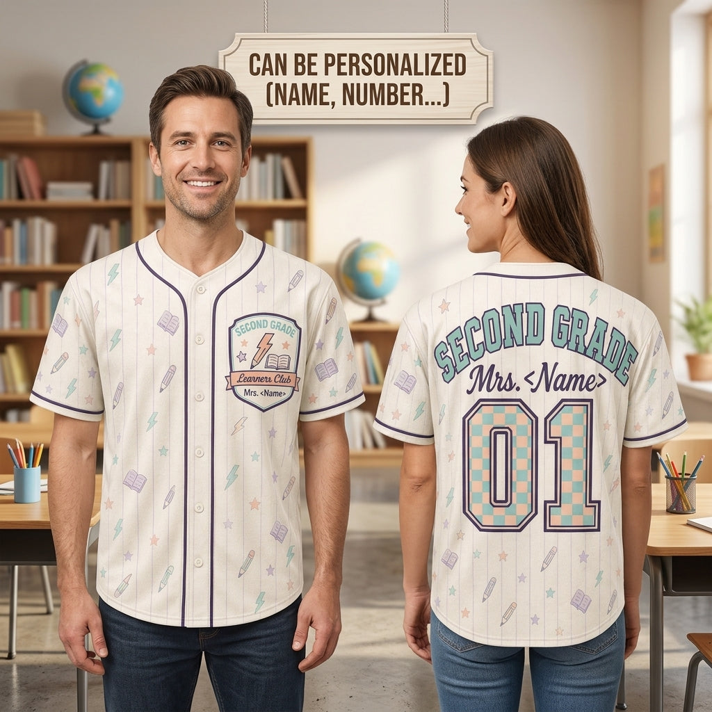 Personalized Second Grade Teacher Baseball Jersey - Custom Name Learners Club Back to School Shirt