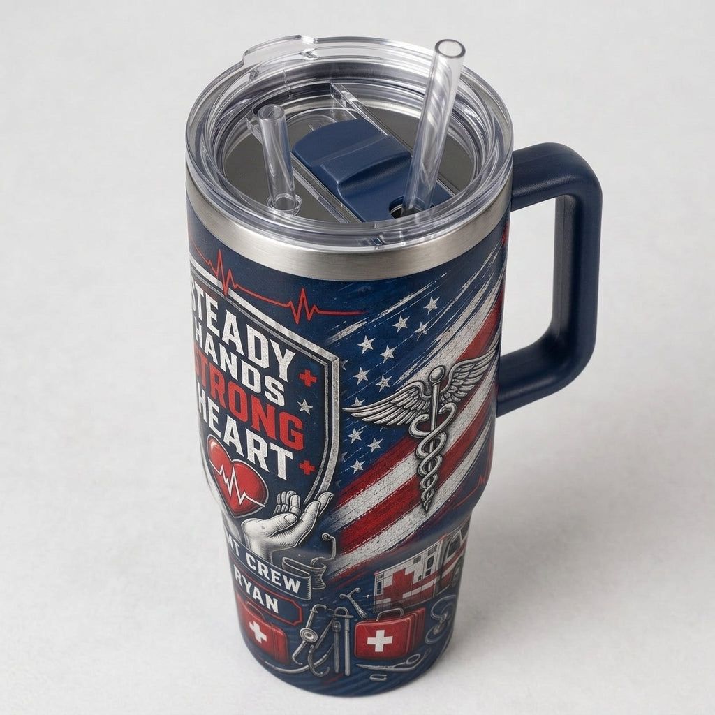 Personalized EMT Crew 40oz Tumbler with Handle - Steady Hands Strong Heart Custom Name Gift for Paramedics