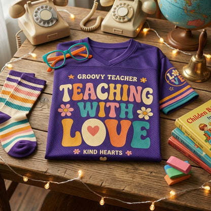 Personalized Groovy Teacher Football Jersey - Custom Name Retro Teaching With Love Classroom Vibes Mesh Sport Shirt