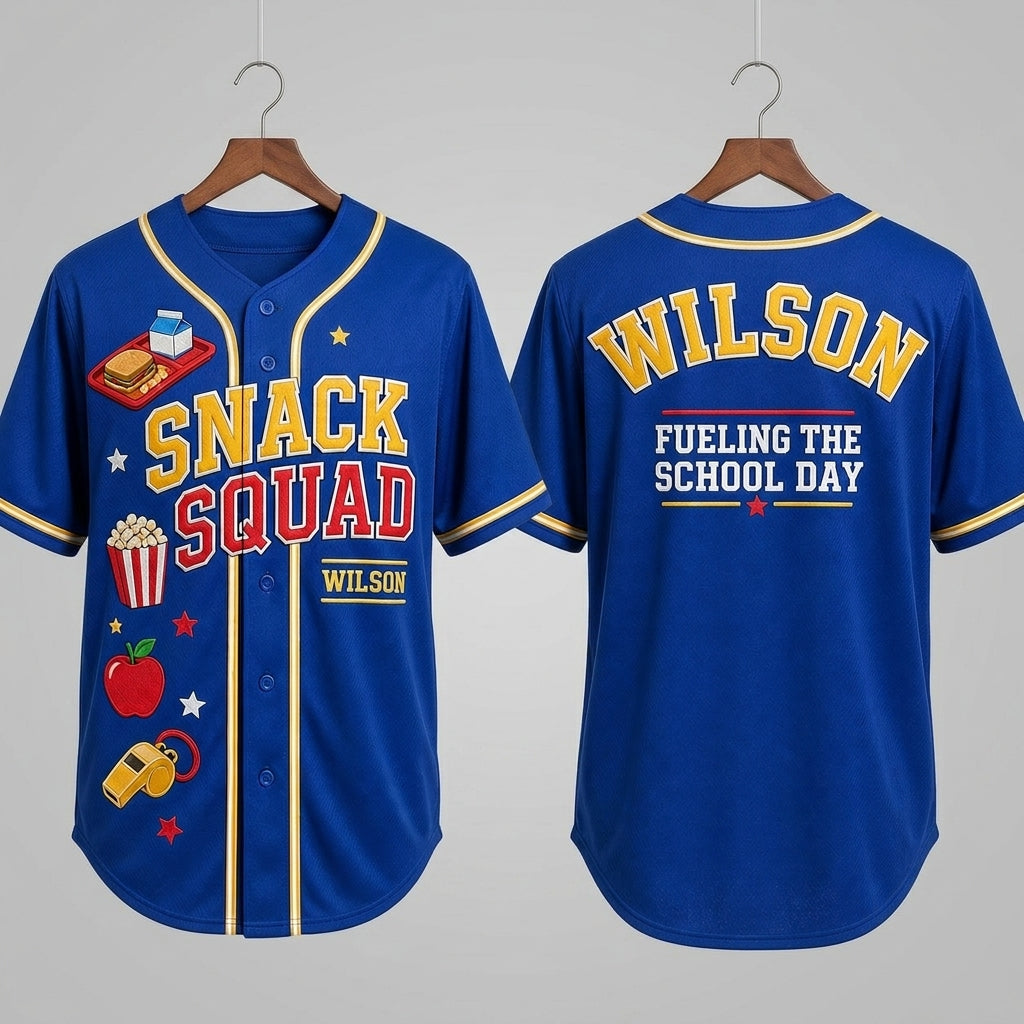 Personalized Snack Squad Baseball Jersey - Custom Name School Cafeteria Worker Gift - Fueling The School Day Blue Jersey