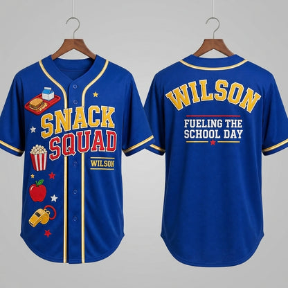 Personalized Snack Squad Baseball Jersey - Custom Name School Cafeteria Worker Gift - Fueling The School Day Blue Jersey
