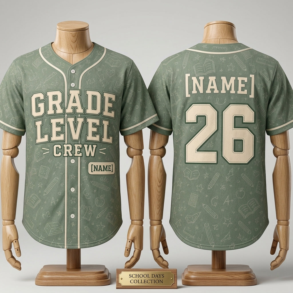 Personalized Grade Level Crew Baseball Jersey - Custom Teacher School Spirit Shirt with Name and Number - Sage Green