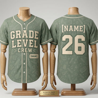 Personalized Grade Level Crew Baseball Jersey - Custom Teacher School Spirit Shirt with Name and Number - Sage Green