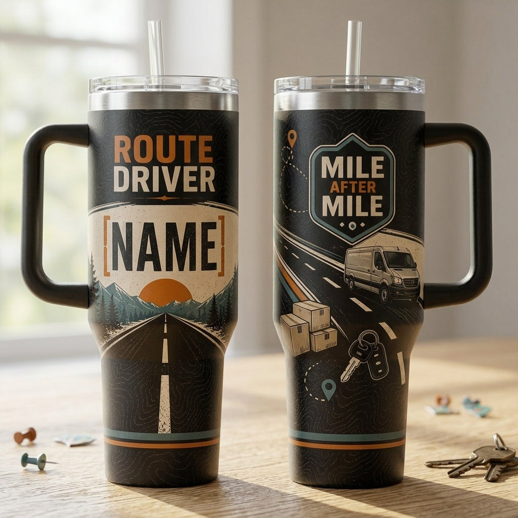 Personalized Route Driver 40oz Tumbler with Handle - Custom Name Delivery Driver Gift - Mile After Mile Travel Mug - 40oz tumbler mockup 2