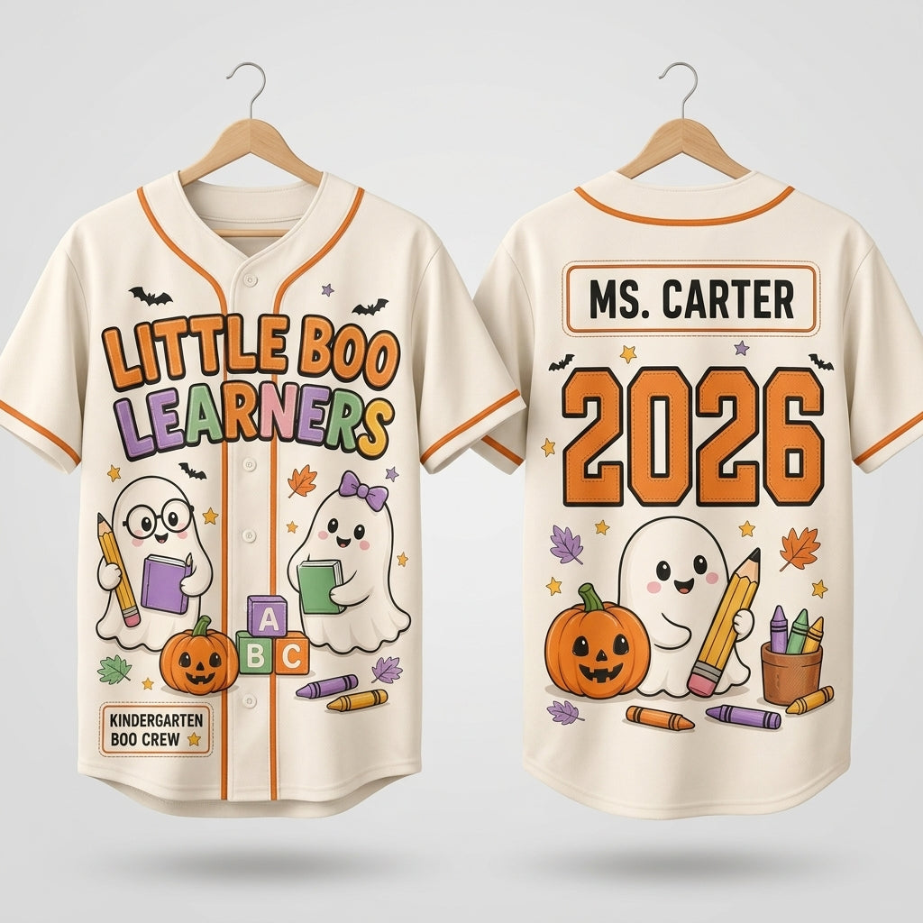 Personalized Little Boo Learners Halloween Baseball Jersey - Custom Teacher Ghost Crew Shirt 2026