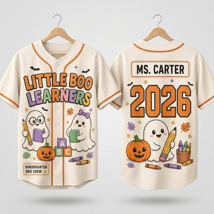 Personalized Little Boo Learners Halloween Baseball Jersey - Custom Teacher Ghost Crew Shirt 2026