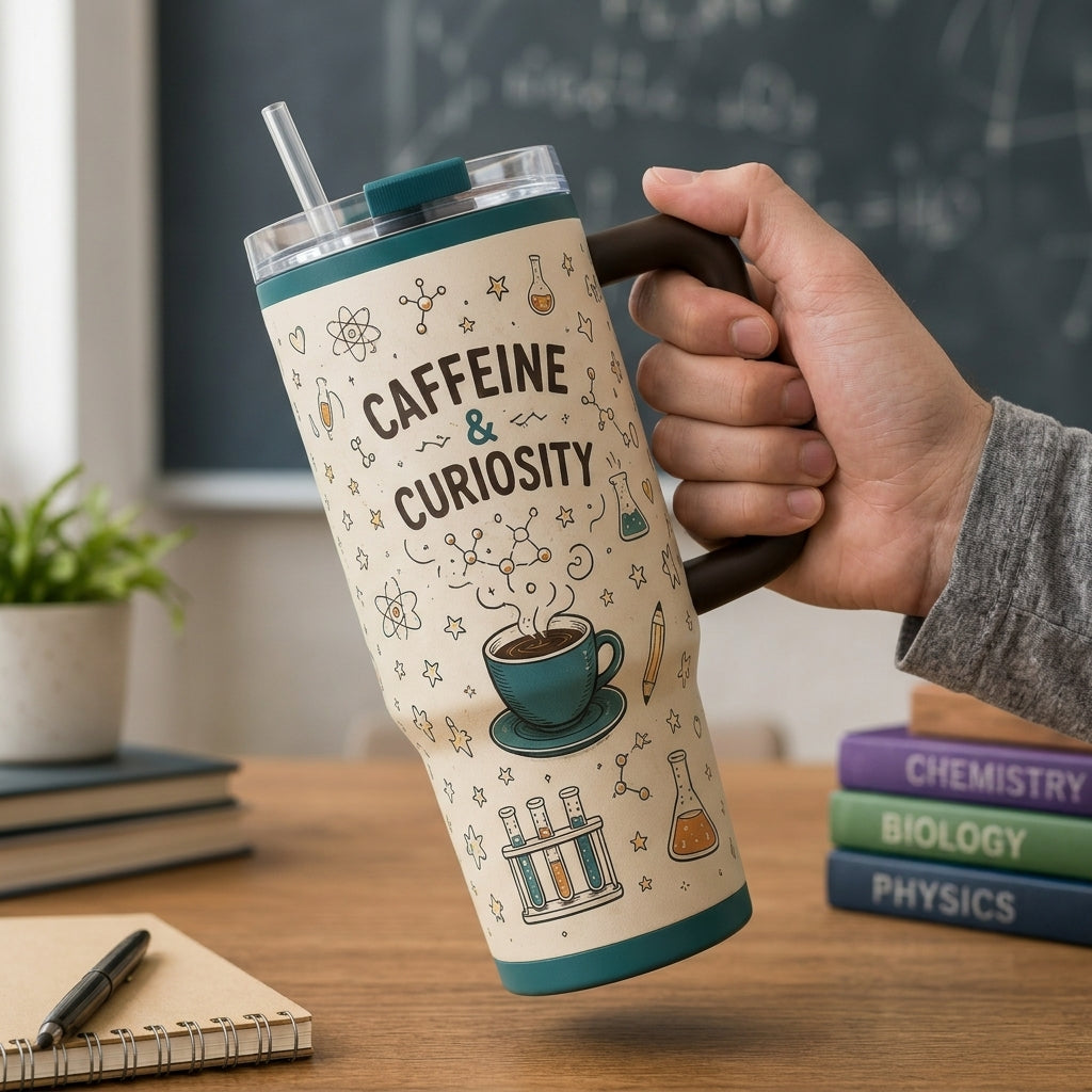 Personalized Caffeine & Curiosity 40oz Tumbler with Handle - Custom Science Teacher & STEM Gift Travel Mug