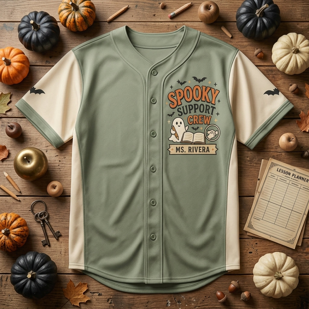 Personalized Spooky Support Crew Baseball Jersey - Custom Classroom Aide Ghost Halloween Shirt for Teachers