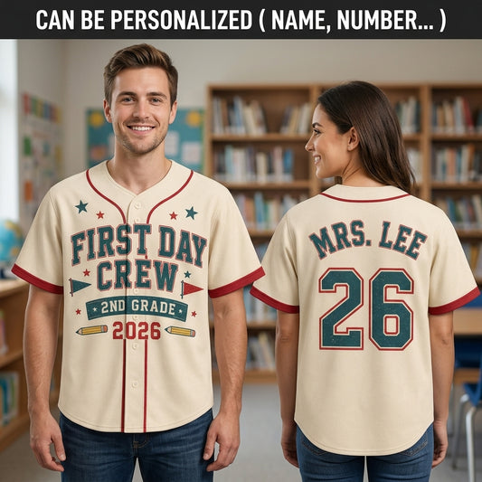 Personalized First Day Crew Baseball Jersey - Custom Name and Number - Custom Teacher Name and Grade School Shirt - Retro Back to School Outfit