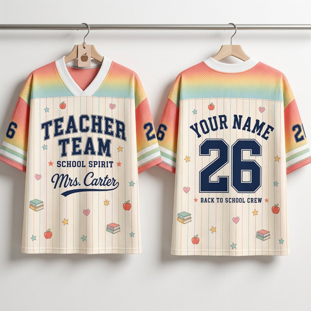 Personalized Teacher Team Football Jersey - Custom Name & Number Back to School Spirit Mesh Shirt
