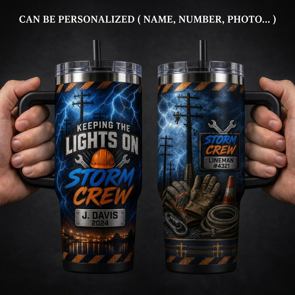 Personalized Storm Crew Lineman 40oz Tumbler with Handle - Custom Name Utility Worker Gift