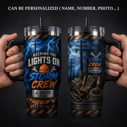 Personalized Storm Crew Lineman 40oz Tumbler with Handle - Custom Name Utility Worker Gift