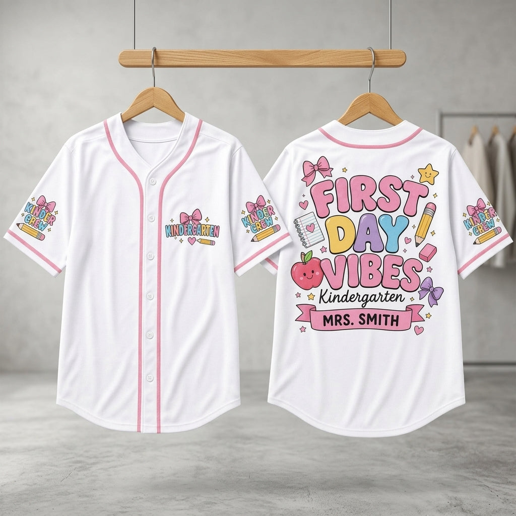 Personalized First Day Vibes Kindergarten Baseball Jersey - Custom Name Kinder Crew Teacher Shirt