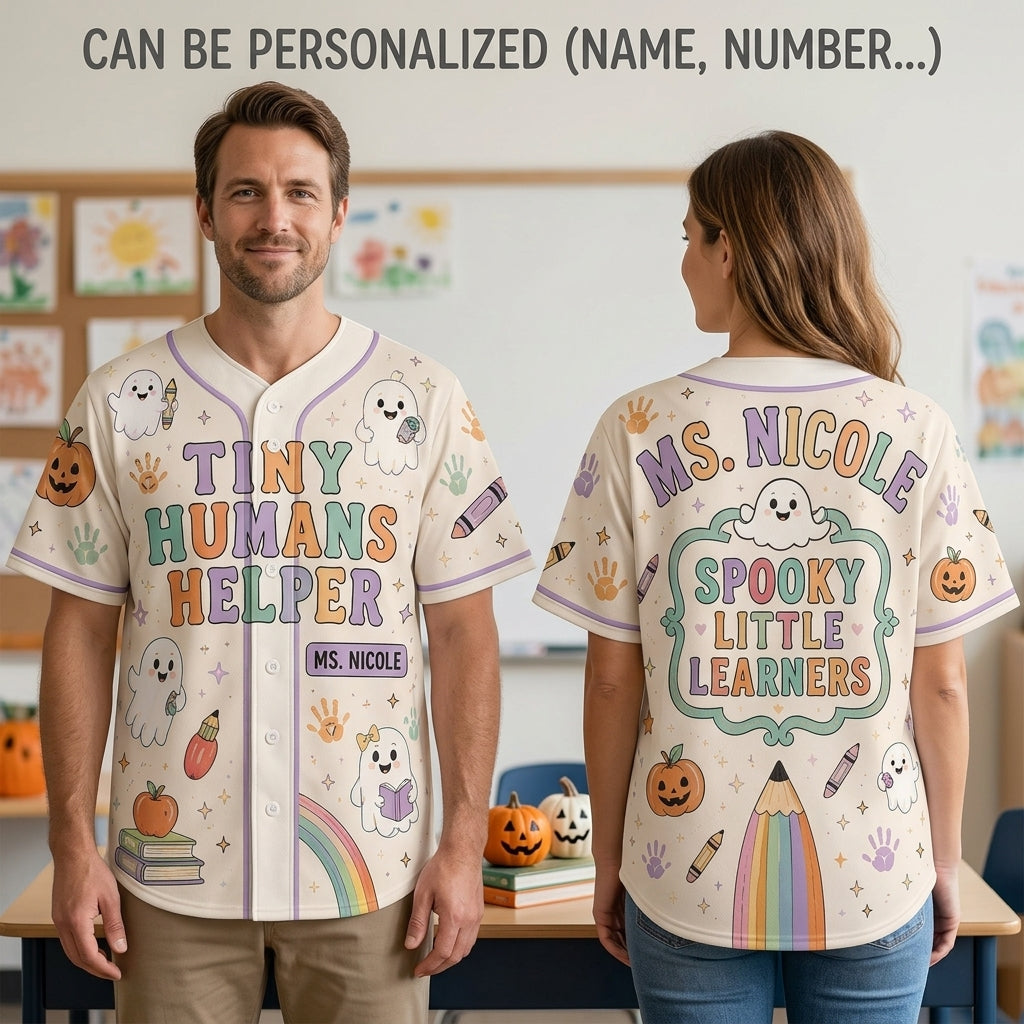 Personalized Tiny Humans Helper Teacher Halloween Baseball Jersey - Custom Name Spooky Little Learners Shirt
