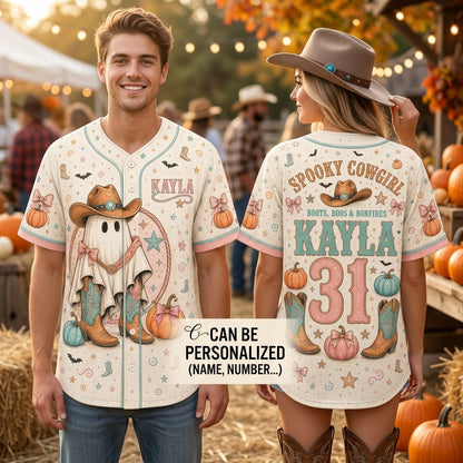 Personalized Spooky Cowgirl Baseball Jersey - Custom Name & Number Halloween Ghost Apparel for Women