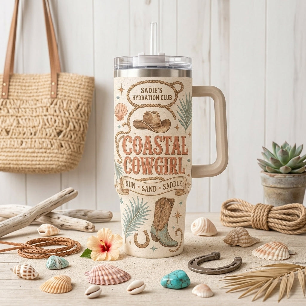 Personalized Coastal Cowgirl 40oz Tumbler with Handle - Custom Western Beach Travel Mug Gift