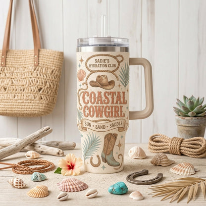 Personalized Coastal Cowgirl 40oz Tumbler with Handle - Custom Western Beach Travel Mug Gift