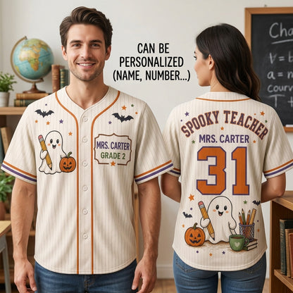 Personalized Spooky Teacher Halloween Baseball Jersey - Custom Name and Grade Ghost Graphic Jersey