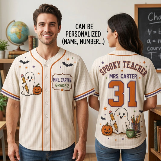 Personalized Spooky Teacher Halloween Baseball Jersey - Custom Name and Grade Ghost Graphic Jersey