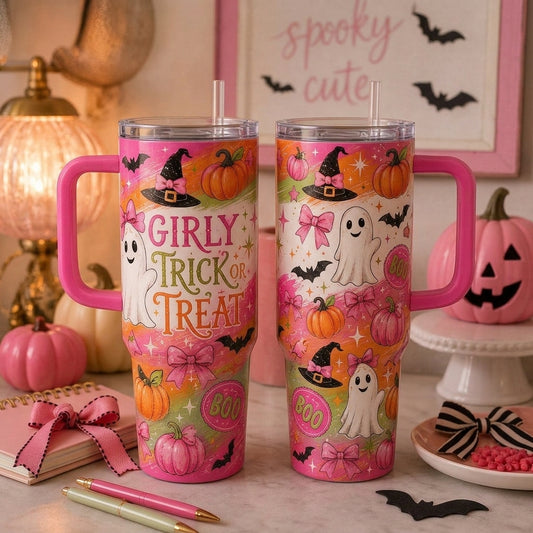 Girly Trick or Treat Halloween 40oz Tumbler with Handle, Pink Coquette Ghost & Pumpkin Water Bottle
